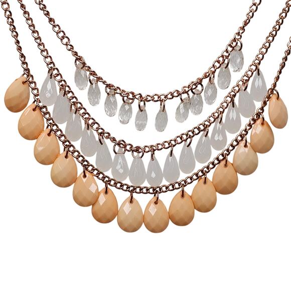 Beaded Statement Necklace Dangle Peach Clear Faceted Acrylic Rosy Goldtone Chain - Picture 1 of 6